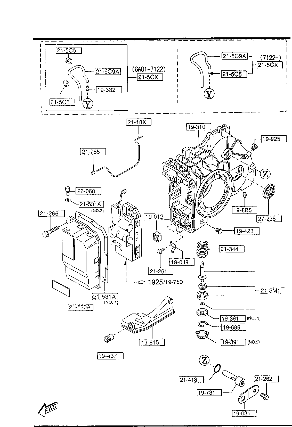 США, 1997 MX-6, GASOLINE-ENGINE 4-CYLINDER TRANSMISSION, 1920A -  TRANSMISSION CASE & MAIN CONTROL SYSTEM (AUTOMATIC TRANSMISSION 4-SPEED)  (2000CC) - Catcar.info