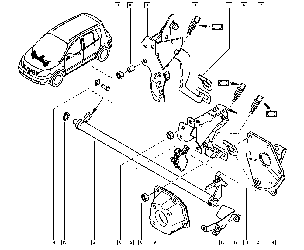 Scénic II, JM0L, Механические узлы, 37 Педали / Педальный механизм -  Catcar.info