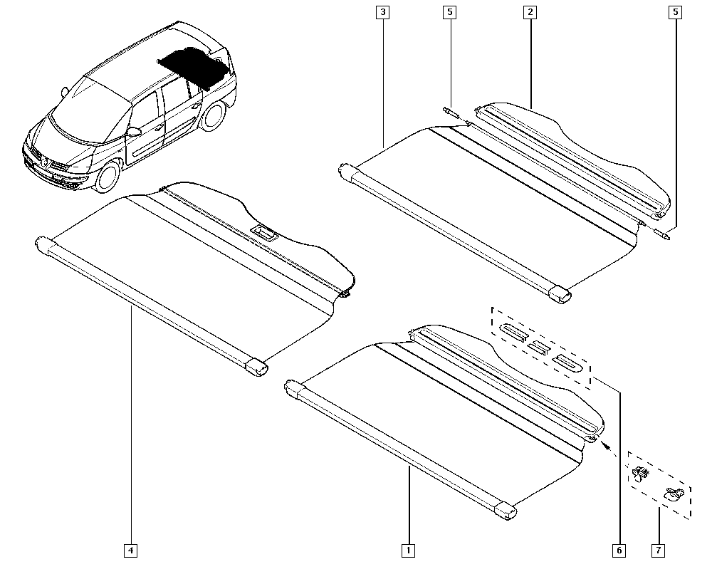 Espace IV, JK1H, Upholstery - Electricity, 74 Rear parcel shelf  