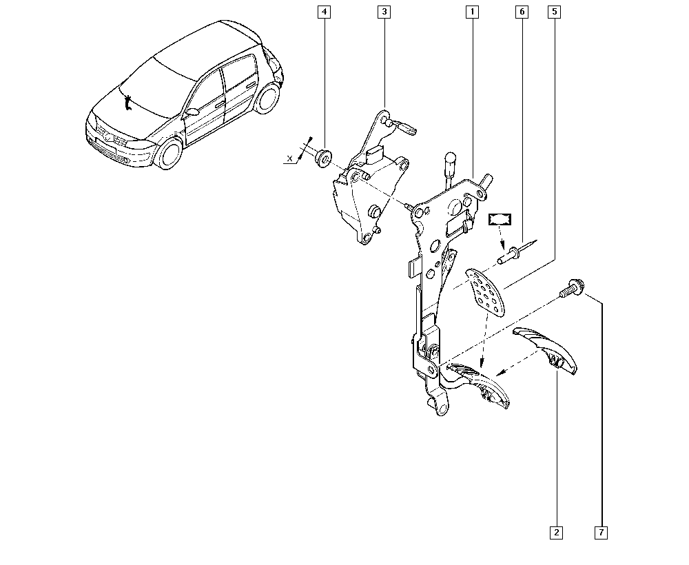 Mégane II, KM23, Механические узлы, 37 Педали / Педальный механизм -  Catcar.info