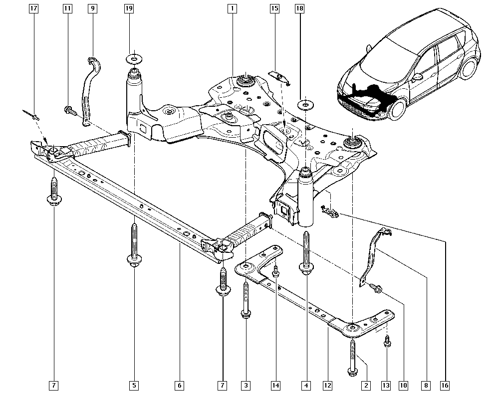 Scénic III, JZ1U, Manual, 31 Front bearing elements / Front axle  