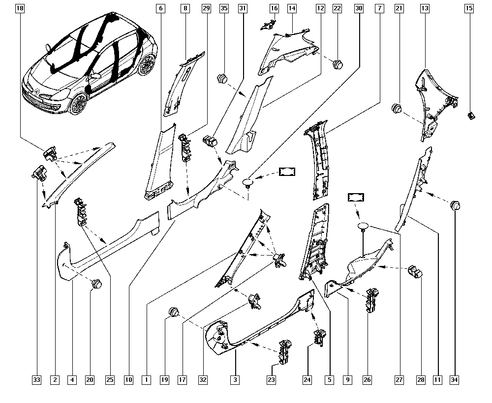 Clio III, BR0G, Upholstery - Electricity, 71 Roof trim / Internal  