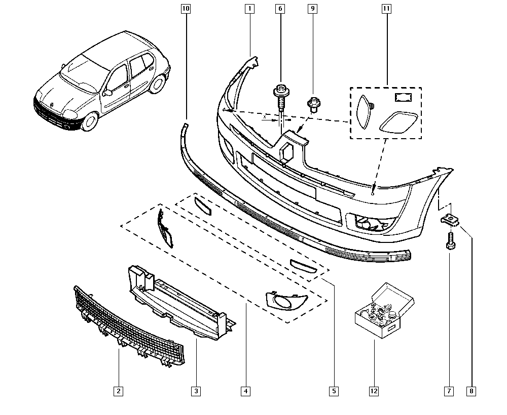 Clio II, CB0D, Bodywork, 55 Protection - external trims / Front  