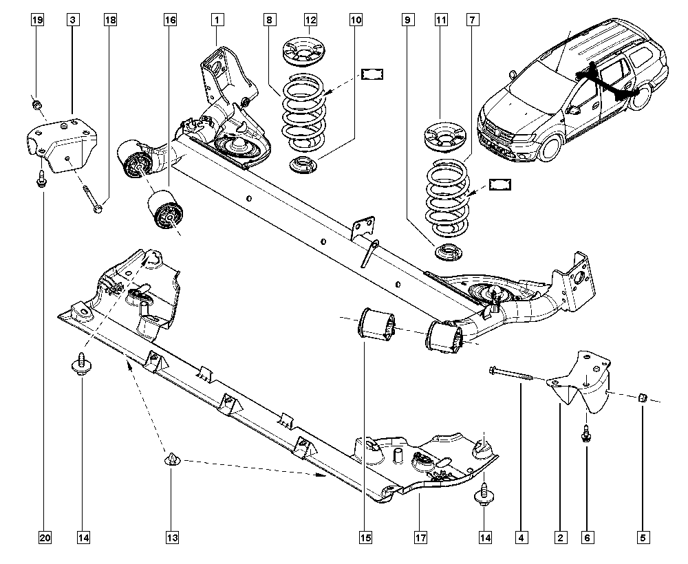 Logan Sandero II, K8M6, Manual, 33 Rear bearing elements / Rear